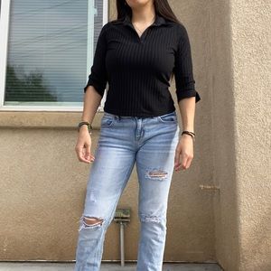 Vintage Aqua Blues Black Quarter Sleeve Ribbed Shirt size M